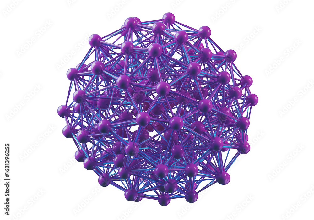 Poster abstract purple and blue network structure with many nodes and connections, isolated on transparent 
