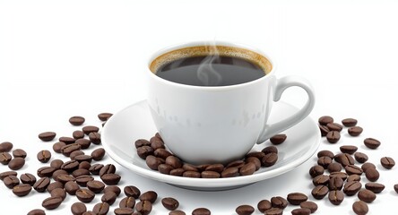 Fototapeta premium Steaming Cup of Coffee with Coffee Beans