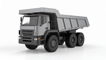Grey six-wheeled dump truck with large cargo bed, isolated on white background.