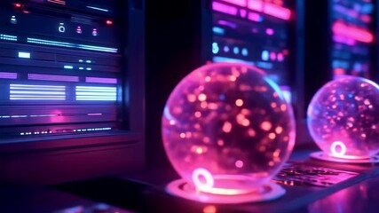 Futuristic data center featuring glowing spheres and vibrant neon lights illuminating server racks - Powered by Adobe
