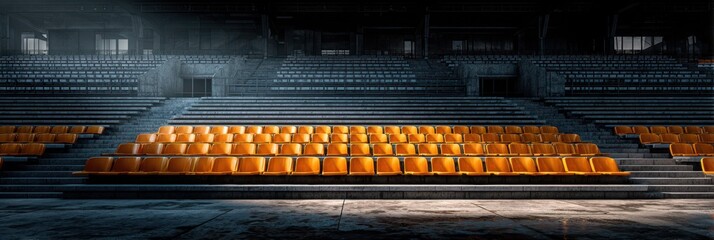 Empty stadium seats illuminated by soft light in an abandoned arena