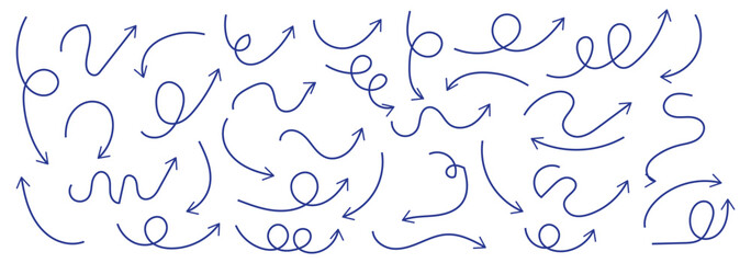 Arrows hand drawn doodle icons set. Curved cartoon arrows sketches collection. Flat and thin pointers illustrations. Scribble swirl arrow signs.