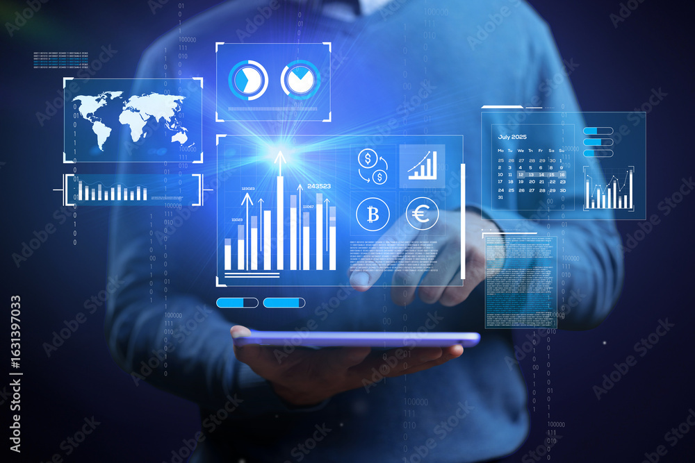 Aufkleber business professional analyzing data trends on tablet with digital graphs and charts in modern works