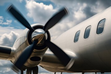 Propeller spinning on vintage airplane engine under cloudy sky