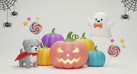Fototapeta premium Cute Halloween 3D Render: Pastel Pumpkins, Ghost, Puppy, and Lollipops.