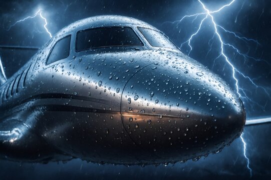 Private jet flying through stormy weather with lightning and rain