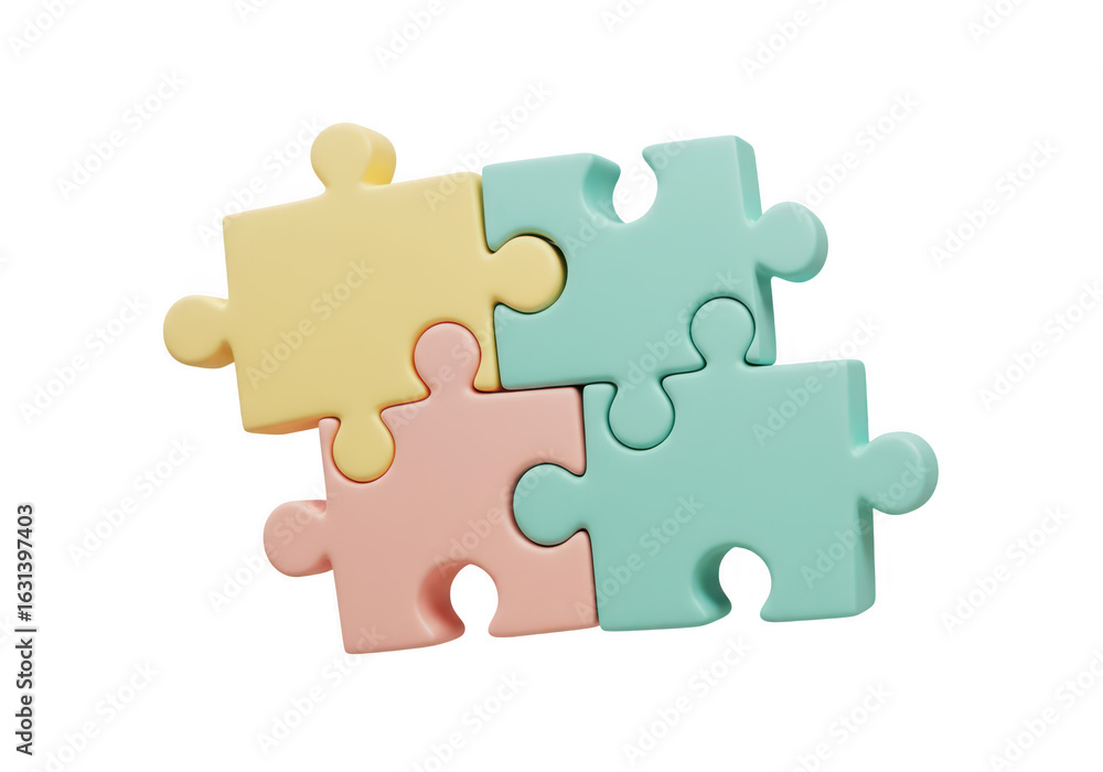 Poster four colorful puzzle pieces connected together, symbolizing teamwork and problem solving, isolated o