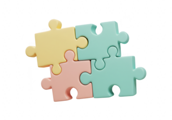 Four colorful puzzle pieces connected together, symbolizing teamwork and problem solving, isolated on transparent background