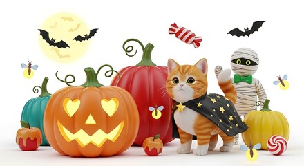 Fototapeta premium Cute Kitten and Mummy in Halloween Costumes with Jack-o'-Lanterns, Bats, and Candy.