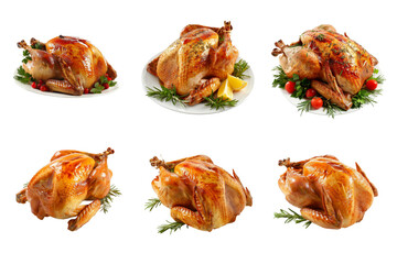 Assortment of Roasted Turkeys with Garnish on White Background Food Photography