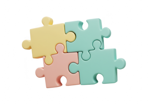 Four colorful puzzle pieces connected together, symbolizing teamwork and problem solving, isolated on transparent background
