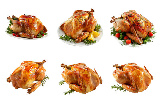 Assortment of Roasted Turkeys with Garnish on White Background Food Photography - Powered by Adobe