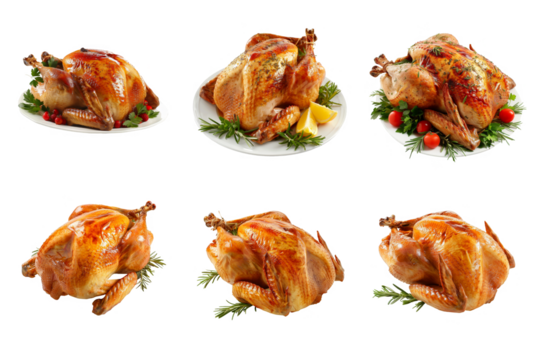Assortment of Roasted Turkeys with Garnish on White Background Food Photography