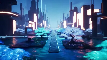 Futuristic cityscape with glowing buildings and blue trees lining a river path in a digital world