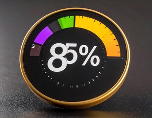 Circular gauge displaying 85% completion, segmented color-coded arc