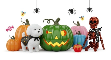 Fototapeta premium Playful 3D Rendered Halloween Scene: Cute Puppy, Jack-o'-Lantern, Skeleton, and Candy.