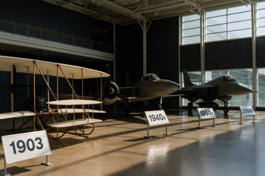 Evolution of aircraft design from 1903 to 2000s in aviation museum