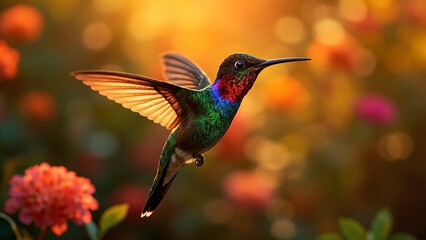 Fototapeta premium Hummingbird Flying in Colorful Garden