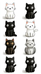 Various cute cartoon cats in playful poses displayed in a vertical arrangement, showcasing different colors and expressions