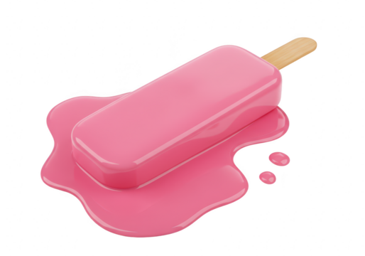 Pink ice cream popsicle melting on a transparent background, creating a puddle of liquid