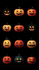 Collection of carved pumpkins illuminated against a dark background showcasing various Halloween designs