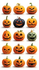 Variety of carved pumpkins with creative faces displayed for Halloween celebration