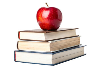 Red apple on stacked books, clear bg