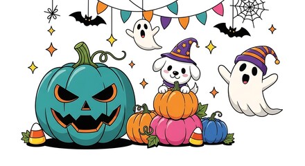 Fototapeta premium Adorable Cartoon Dog in Witch Hat with Pumpkins, Ghosts, and Halloween Decorations: Festive, Playful Illustration