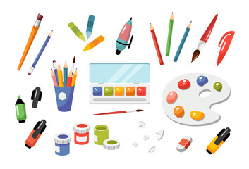 Painting and drawing elements set. Watercolor paints, paint brush, pencil, palette, gouache, crayon. Art supply. Vector hand drawn illustration isolated on white. Cartoon style, flat design.