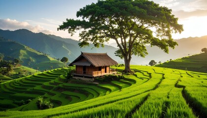 scenic view of terraced agricultural landscapes with lush green rice terraces on the hillsides, with a bamboo house in the middle. Ideal for ecotourism, rural lifestyle, and environmental concepts.