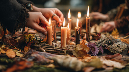 Mabon Pagan Equinox, close-up of ritual hands lighting candles, leaves and symbols of balance