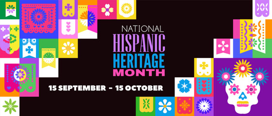 National Hispanic heritage month banner with girl, papel picado, guitar Hispanic and Latino Americans culture, event Celebrate annual october in United States Vector illustration template background