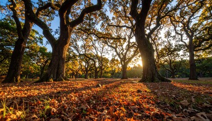 Autumn sunlight through oak trees