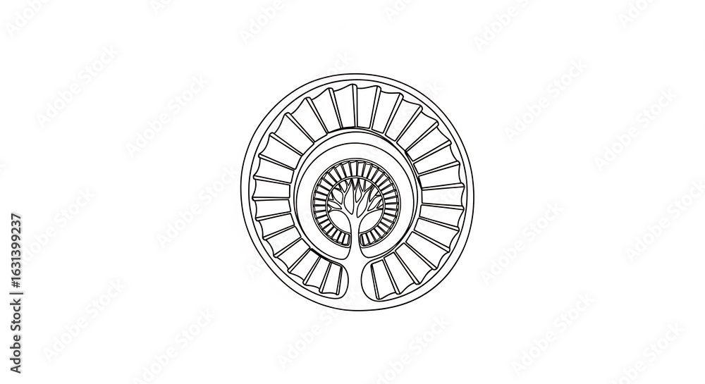 Poster minimalist circular line art of tree with radiating lines in black and white