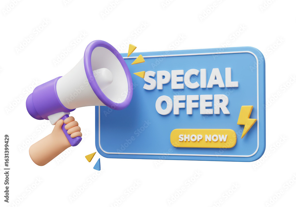 Poster Megaphone announcing a special offer with a shop now button, isolated on transparent background