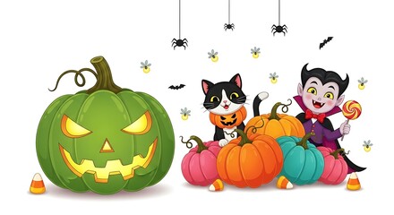 Cute Cartoon Vampire, Cat, and Jack-o'-Lantern Pumpkins: Spooky Halloween Illustration