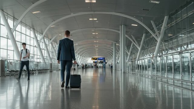 Traveling businessman pulling luggage through a modern airport terminal concourse