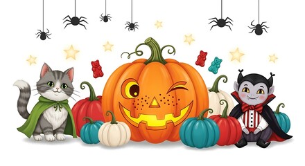 Fototapeta premium Adorable Halloween Illustration: Winking Pumpkin, Cute Cat, and Vampire with Candy and Spiders.