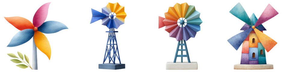 Colorful school supplies for STEAM, Colorful windmills and a vibrant pinwheel showcase artistic designs and creativity, blending dynamic shapes and hues.