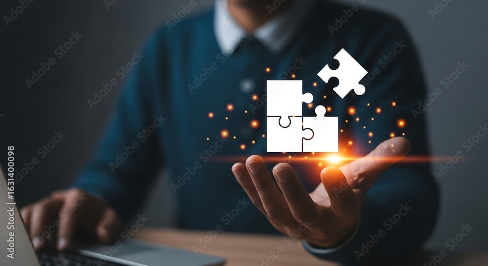 Poster completing the puzzle man connecting business strategy with innovation showing solution and strategy