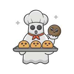 A cute ghost baker holding a tray of bread and a cookie isolated on white background
