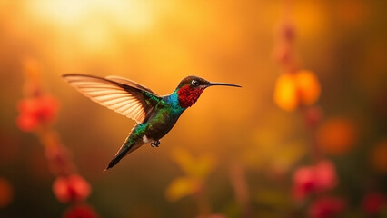 Naklejka premium Close-Up of Flying Hummingbird at Dusk