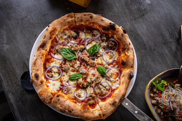 Gourmet Italian sausage and red onion pizza, top view.
