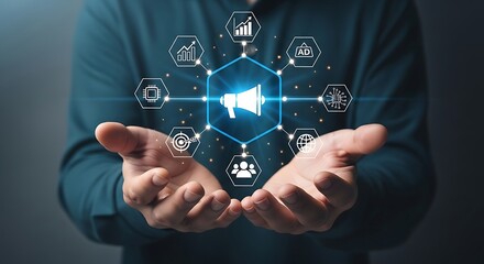 Digital Marketing Strategy Concept Hand Presenting a Glowing Megaphone Surrounded by Icons Representing SEO Advertising