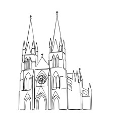 Fototapeta premium Gothic cathedral vector line art with tall spires and pointed arches, hand-drawn architectural illustration in moody Dark Academia aesthetic