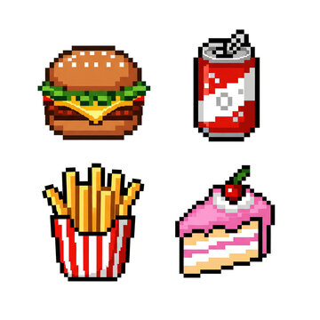 Pixel art collection featuring iconic fast food and dessert items a hamburger, french fries, a soda can, and a cake slice. Designed in a charming retro video game style.