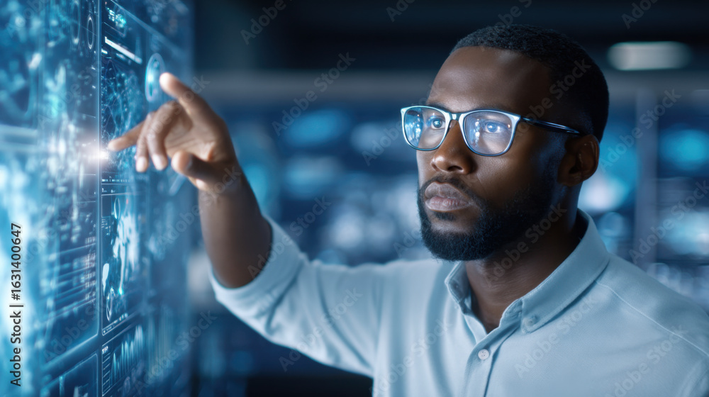 Poster a focused individual interacts with digital data displays, showcasing a blend of technology and anal