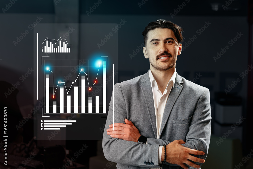 Aufkleber business professional standing confidently with data visualization graphics in a modern office setti