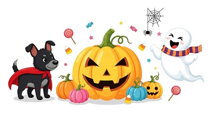 Naklejka premium Cute Halloween Cartoon Illustration: Smiling Ghost, Jack-o'-Lantern, Puppy in Cape, Candy, and Pumpkins.