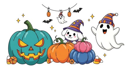 Fototapeta premium Adorable Cartoon Dog, Ghost, and Pumpkins: Festive Halloween Illustration, Whimsical Style